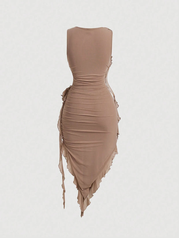 SHEIN MOD Women Fashionable Tight-Fitting Dress With Asymmetrical Hemline, 3D Flower And Sash Detail