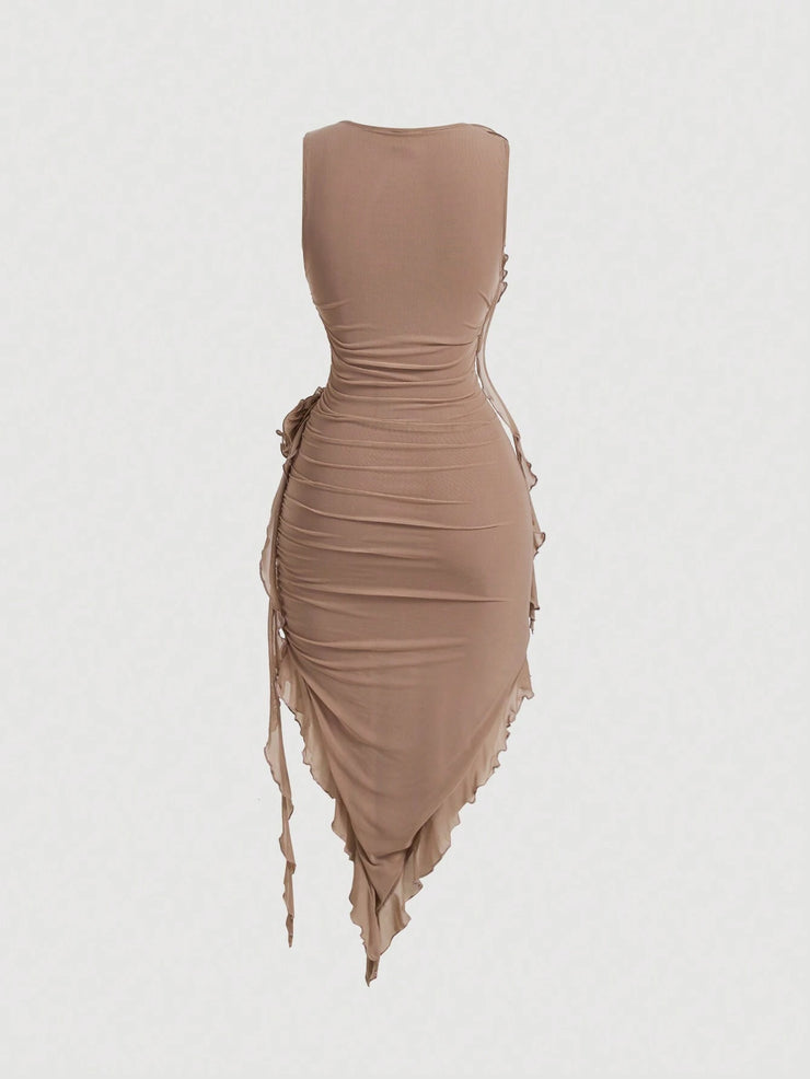 SHEIN MOD Women Fashionable Tight-Fitting Dress With Asymmetrical Hemline, 3D Flower And Sash Detail
