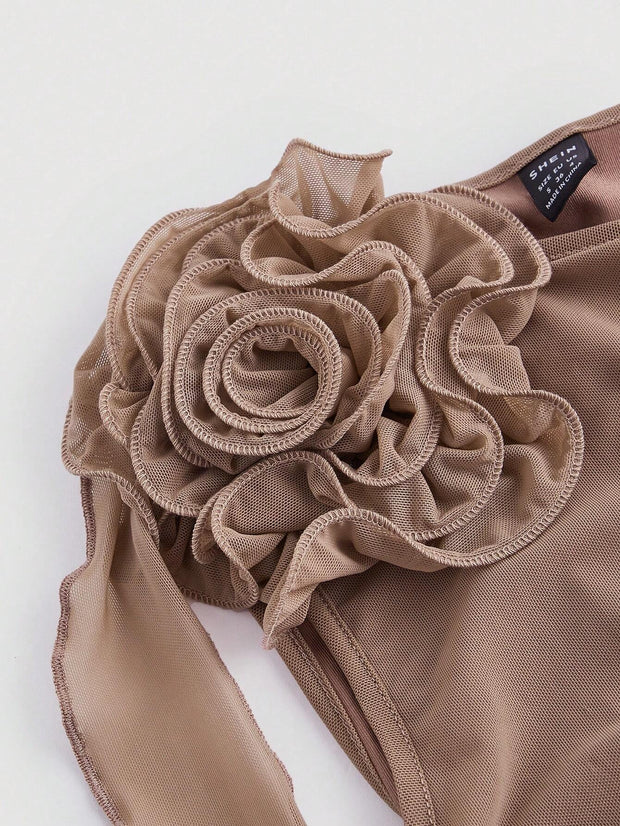 SHEIN MOD Women Fashionable Tight-Fitting Dress With Asymmetrical Hemline, 3D Flower And Sash Detail