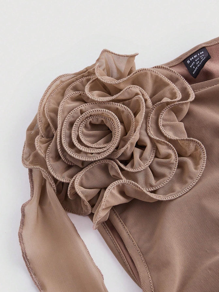 SHEIN MOD Women Fashionable Tight-Fitting Dress With Asymmetrical Hemline, 3D Flower And Sash Detail