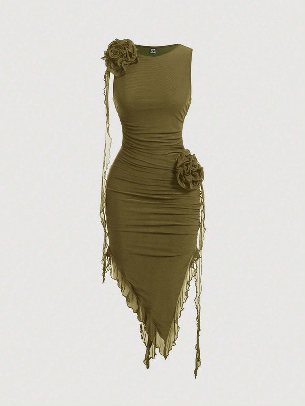 SHEIN MOD Women Fashionable Tight-Fitting Dress With Asymmetrical Hemline, 3D Flower And Sash Detail