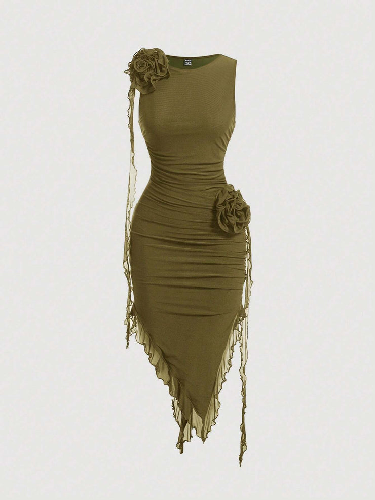 SHEIN MOD Women Fashionable Tight-Fitting Dress With Asymmetrical Hemline, 3D Flower And Sash Detail