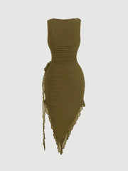 SHEIN MOD Women Fashionable Tight-Fitting Dress With Asymmetrical Hemline, 3D Flower And Sash Detail