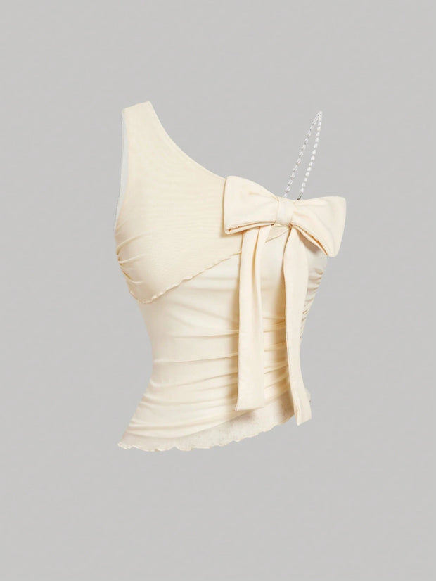 SHEIN MOD Shoulder Strap Bow Beaded Strap, Ruched Waist, Asymmetrical Hem Pink Blouse