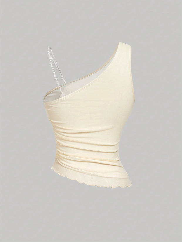 SHEIN MOD Shoulder Strap Bow Beaded Strap, Ruched Waist, Asymmetrical Hem Pink Blouse