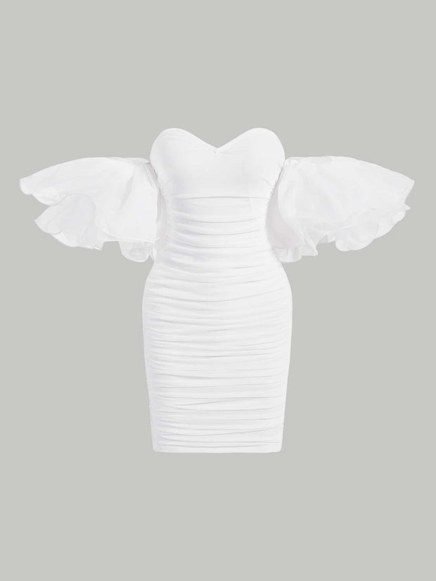 SHEIN MOD Off Shoulder Ruffle Trim Ruched Mesh Bodycon Tight Pleated Short Dress