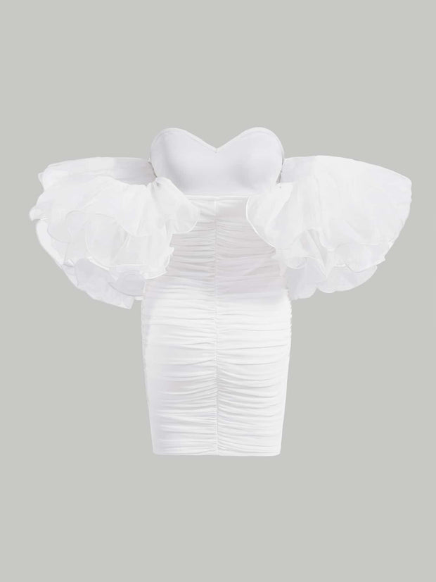 SHEIN MOD Off Shoulder Ruffle Trim Ruched Mesh Bodycon Tight Pleated Short Dress