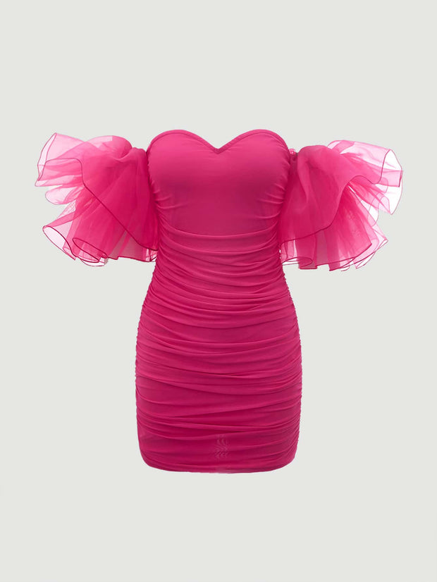 SHEIN MOD Off Shoulder Ruffle Trim Ruched Mesh Bodycon Tight Pleated Short Dress
