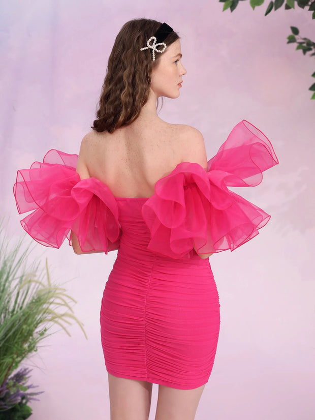 SHEIN MOD Off Shoulder Ruffle Trim Ruched Mesh Bodycon Tight Pleated Short Dress