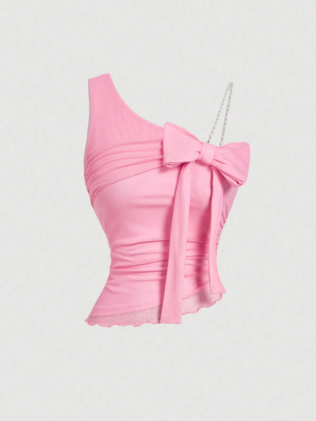 SHEIN MOD Shoulder Strap Bow Beaded Strap, Ruched Waist, Asymmetrical Hem Pink Blouse