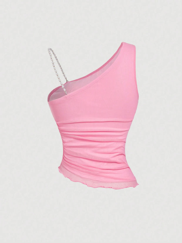 SHEIN MOD Shoulder Strap Bow Beaded Strap, Ruched Waist, Asymmetrical Hem Pink Blouse