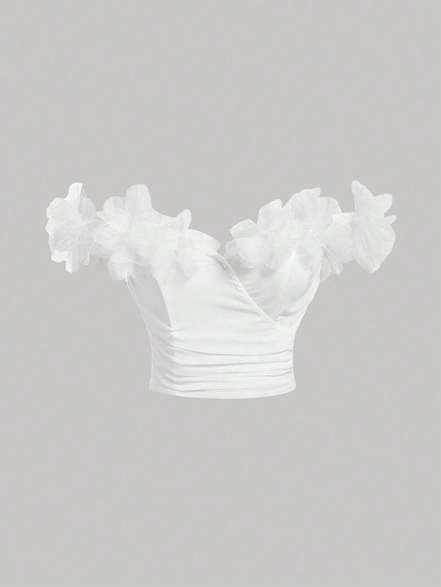 SHEIN MOD Solid Color Off-Shoulder Top With 3d Flower Wrap Detail