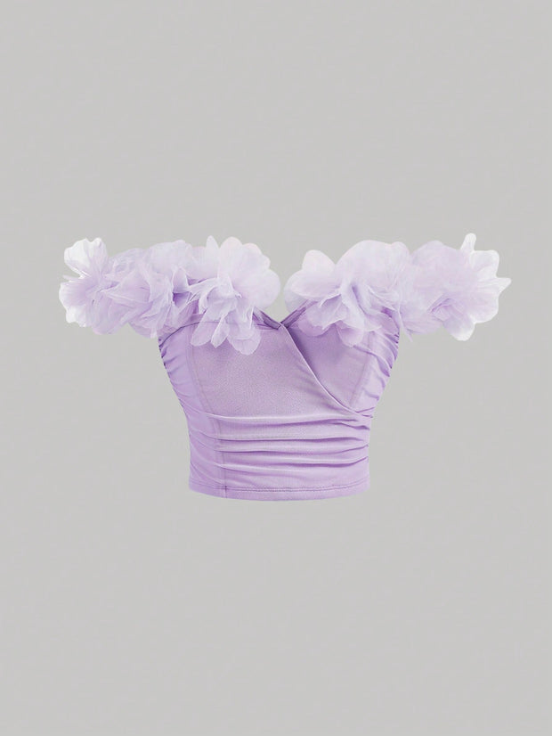 SHEIN MOD Solid Color Off-Shoulder Top With 3d Flower Wrap Detail