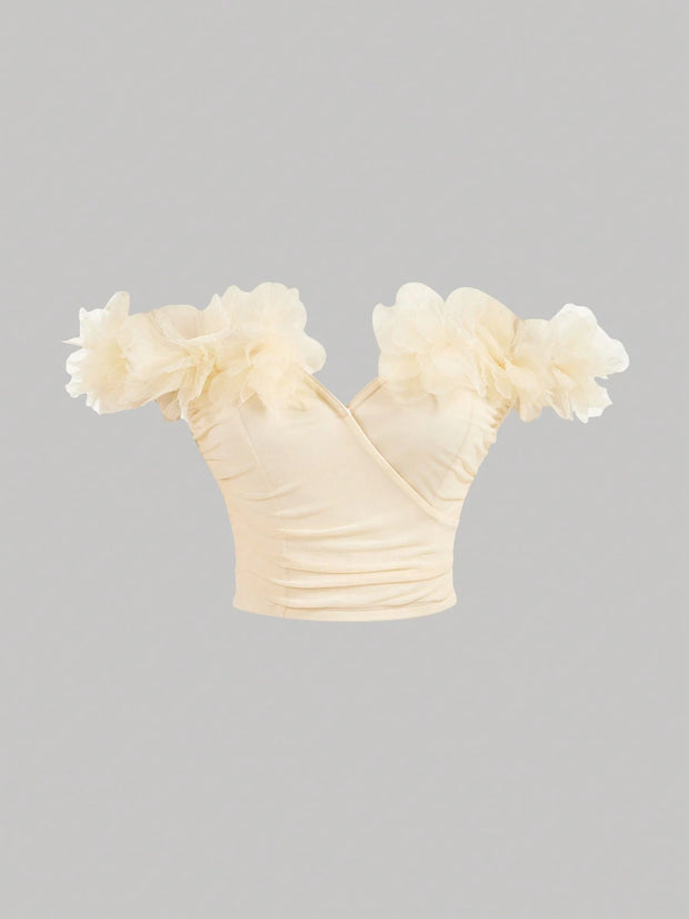 SHEIN MOD Solid Color Off-Shoulder Top With 3d Flower Wrap Detail