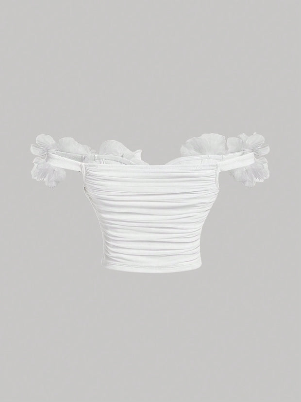 SHEIN MOD Solid Color Off-Shoulder Top With 3d Flower Wrap Detail