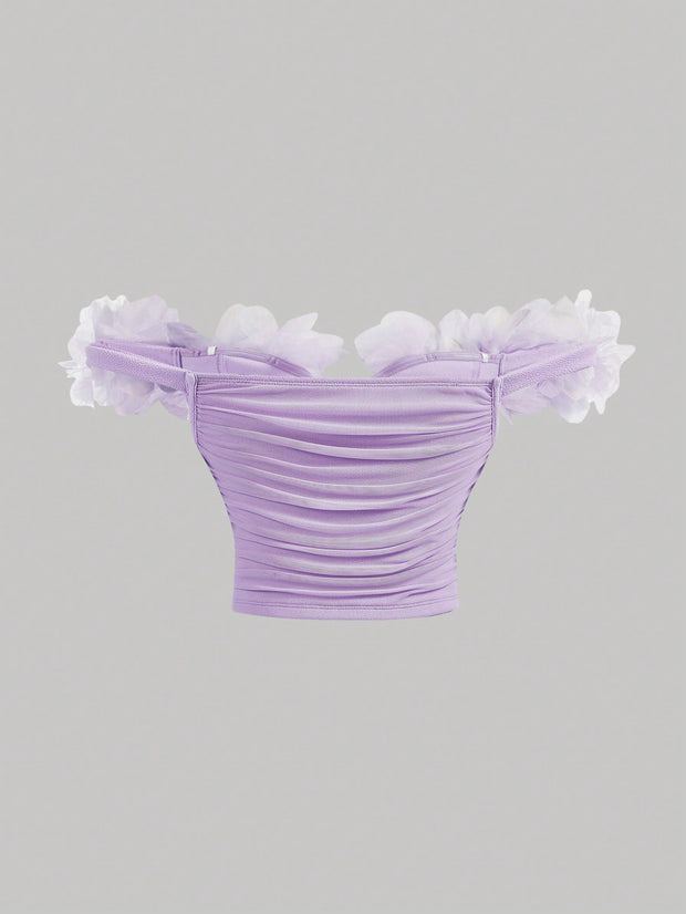 SHEIN MOD Solid Color Off-Shoulder Top With 3d Flower Wrap Detail