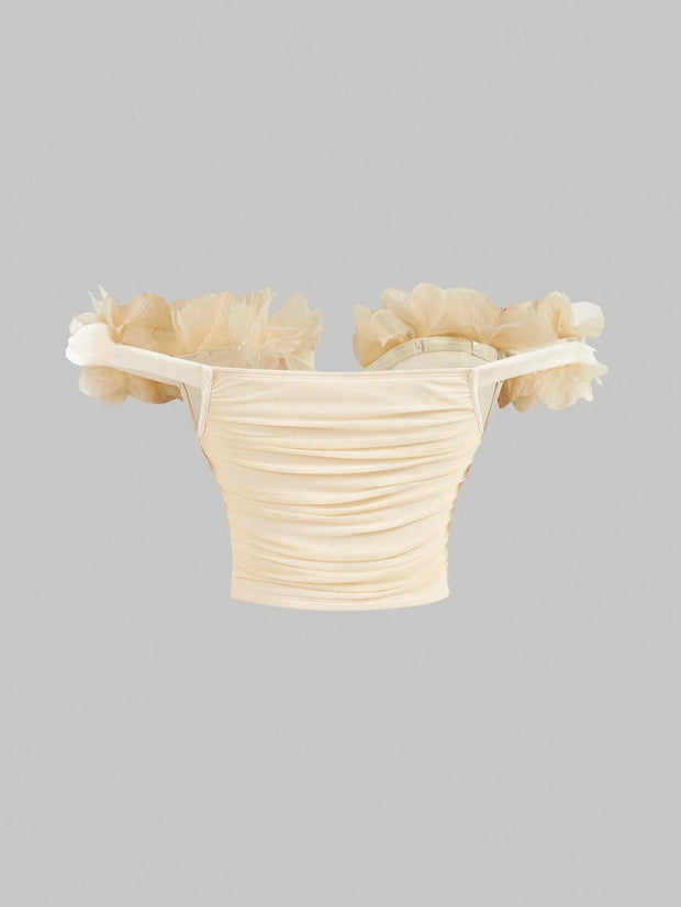 SHEIN MOD Solid Color Off-Shoulder Top With 3d Flower Wrap Detail