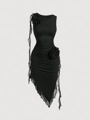 SHEIN MOD Women Fashionable Tight-Fitting Dress With Asymmetrical Hemline, 3D Flower And Sash Detail