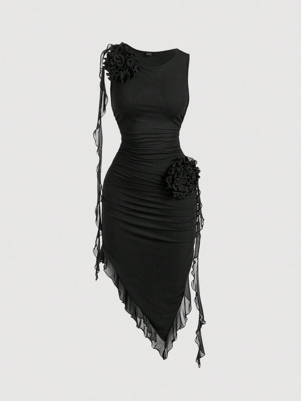 SHEIN MOD Women Fashionable Tight-Fitting Dress With Asymmetrical Hemline, 3D Flower And Sash Detail