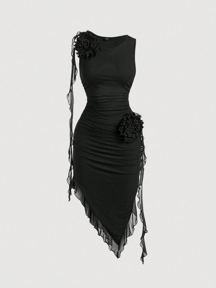 SHEIN MOD Women Fashionable Tight-Fitting Dress With Asymmetrical Hemline, 3D Flower And Sash Detail