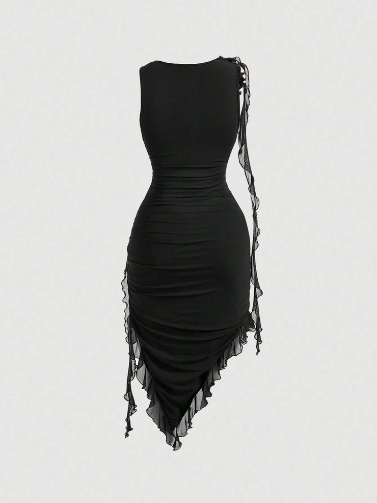 SHEIN MOD Women Fashionable Tight-Fitting Dress With Asymmetrical Hemline, 3D Flower And Sash Detail