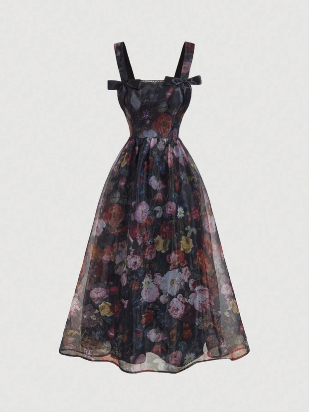 SHEIN MOD Women's Apricot Floral Print Bowknot Vintage Long Dress,Apricot Homecoming Dress