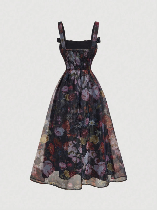 SHEIN MOD Women's Apricot Floral Print Bowknot Vintage Long Dress,Apricot Homecoming Dress
