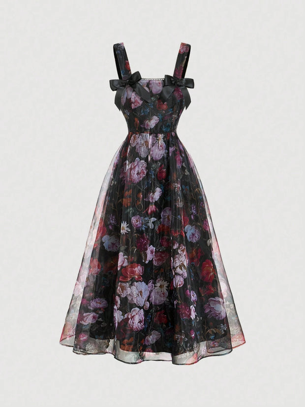 SHEIN MOD Women's Apricot Floral Print Bowknot Vintage Long Dress,Apricot Homecoming Dress