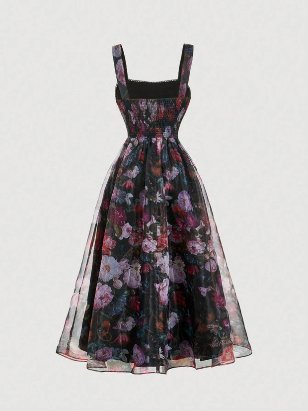 SHEIN MOD Women's Apricot Floral Print Bowknot Vintage Long Dress,Apricot Homecoming Dress
