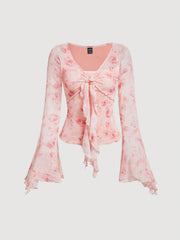 SHEIN MOD Women's Floral Print Bell Sleeve Tie Front T-Shirt,Sheer