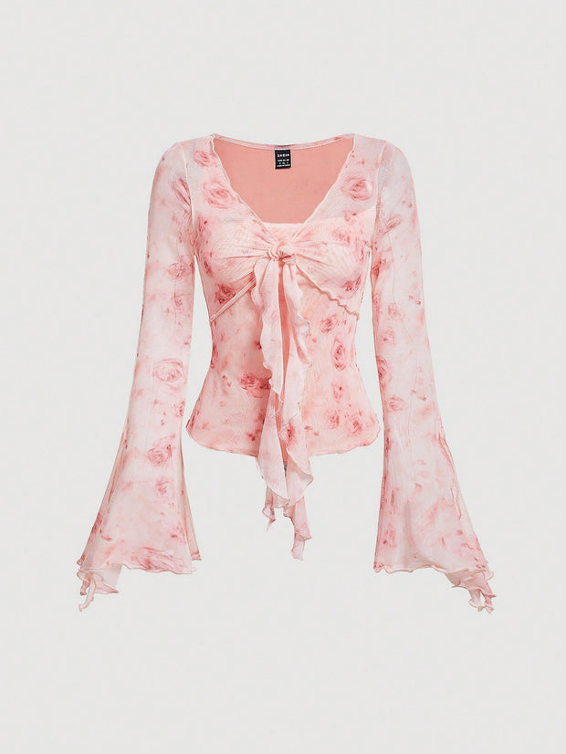 SHEIN MOD Women's Floral Print Bell Sleeve Tie Front T-Shirt,Sheer
