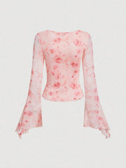 SHEIN MOD Women's Floral Print Bell Sleeve Tie Front T-Shirt,Sheer
