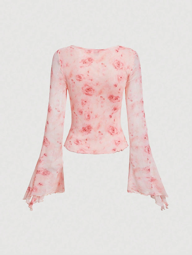 SHEIN MOD Women's Floral Print Bell Sleeve Tie Front T-Shirt,Sheer