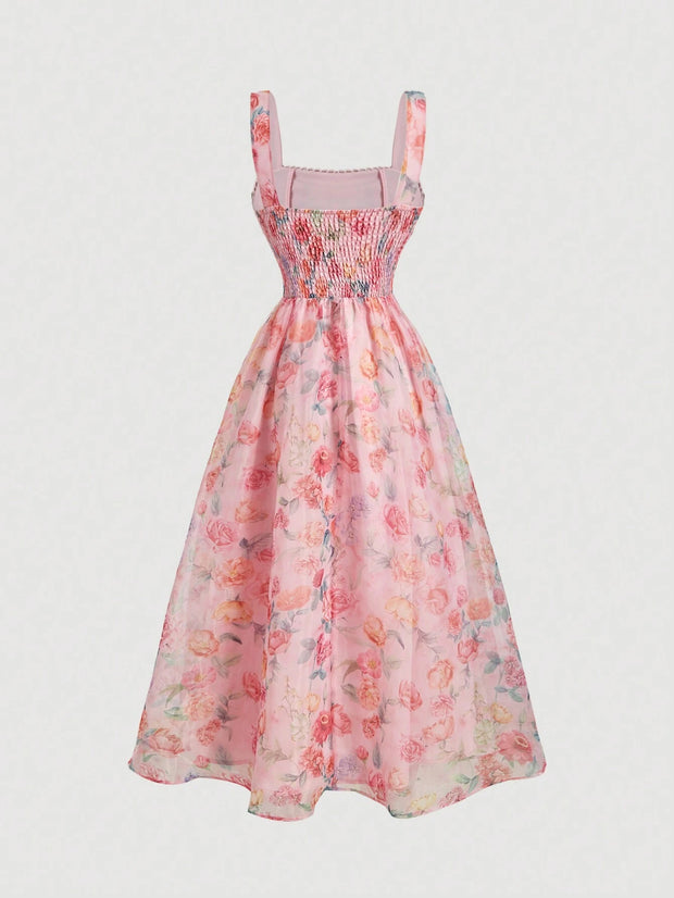 SHEIN MOD Women's Apricot Floral Print Bowknot Vintage Long Dress,Apricot Homecoming Dress