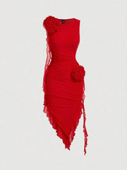 SHEIN MOD Women Fashionable Tight-Fitting Dress With Asymmetrical Hemline, 3D Flower And Sash Detail