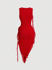 SHEIN MOD Women Fashionable Tight-Fitting Dress With Asymmetrical Hemline, 3D Flower And Sash Detail
