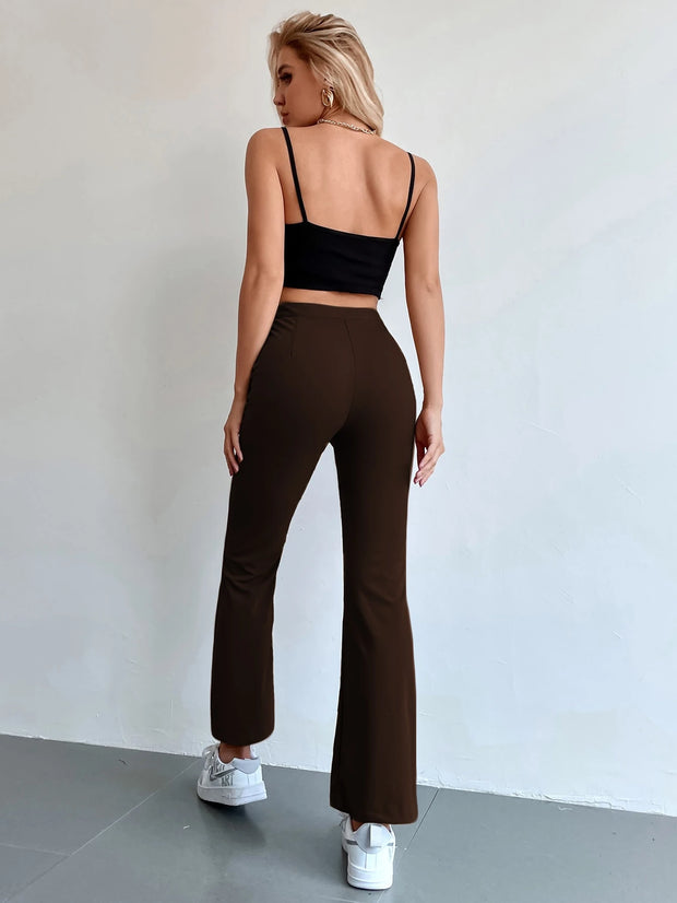 Chiquease Solid Color Stretchy Knit Button Pocket Flared Leg Pants
