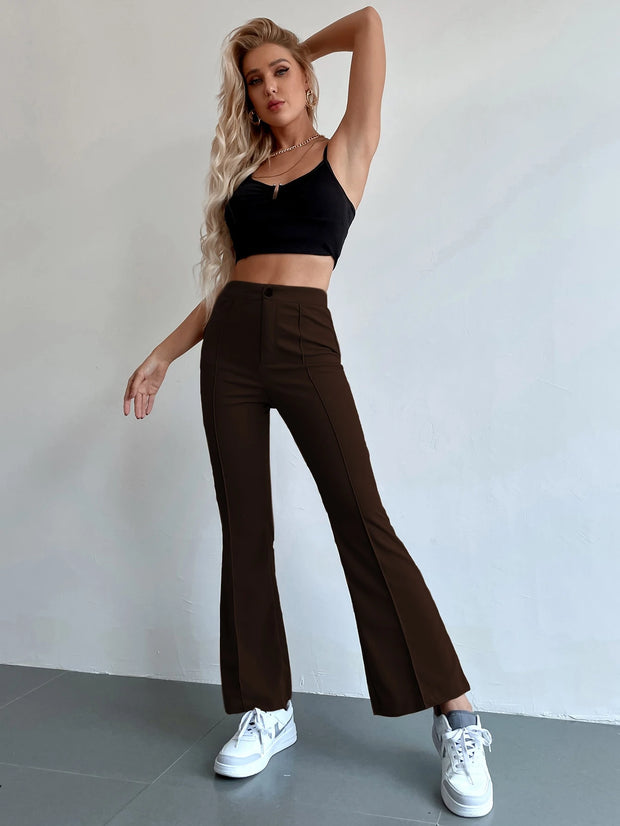 Chiquease Solid Color Stretchy Knit Button Pocket Flared Leg Pants