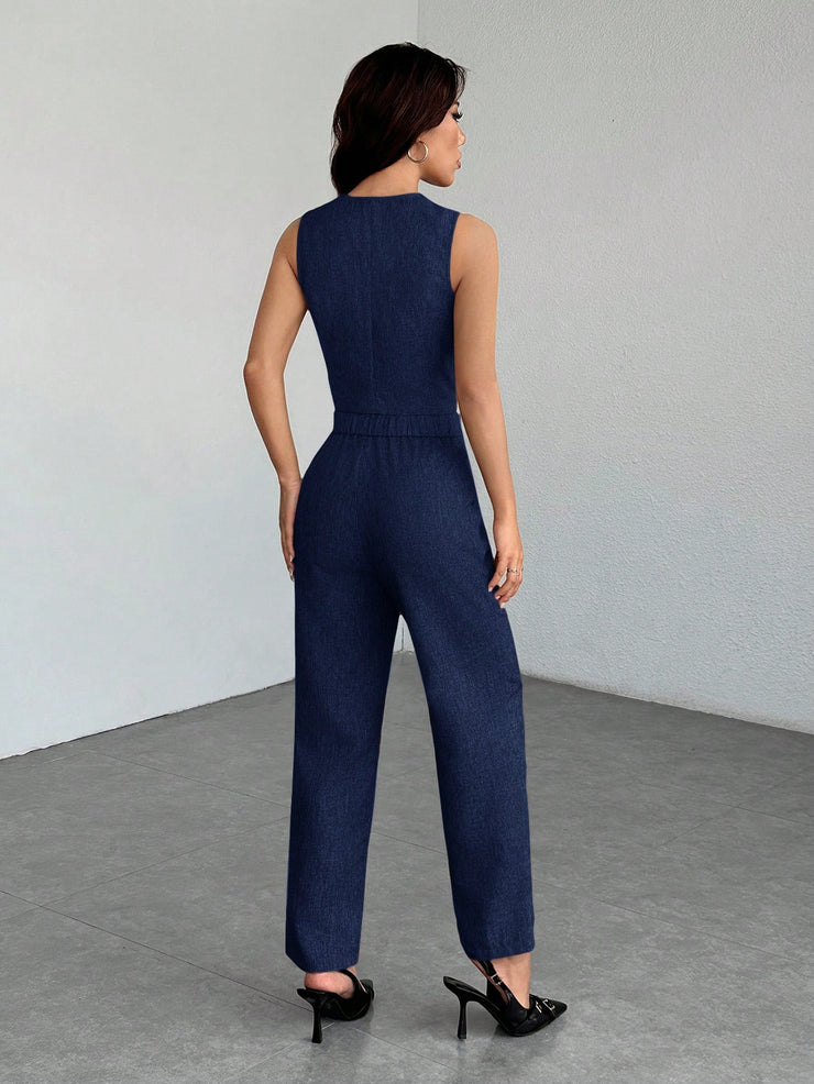 SHEIN PETITE Casual Sleeveless Open Front Vest And Relaxed Pants Set
