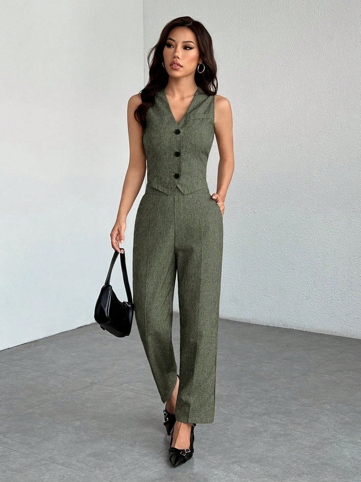 SHEIN PETITE Casual Sleeveless Open Front Vest And Relaxed Pants Set