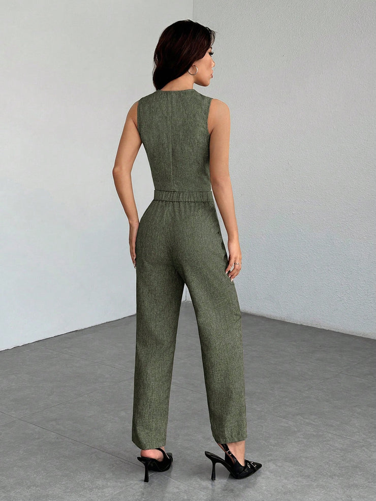 SHEIN PETITE Casual Sleeveless Open Front Vest And Relaxed Pants Set