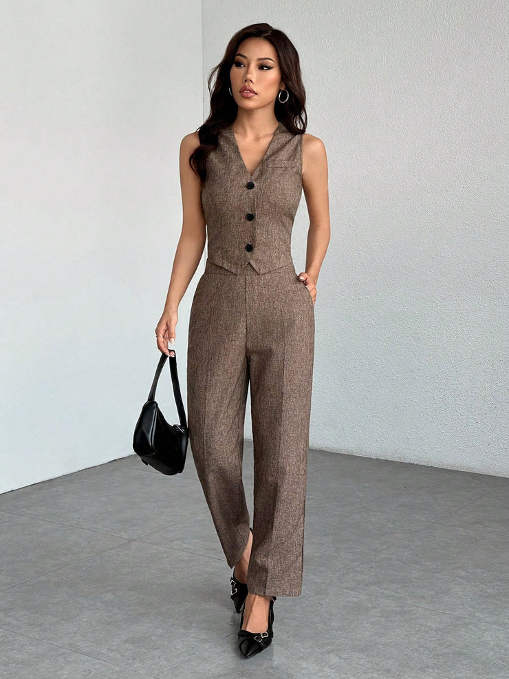 SHEIN PETITE Casual Sleeveless Open Front Vest And Relaxed Pants Set