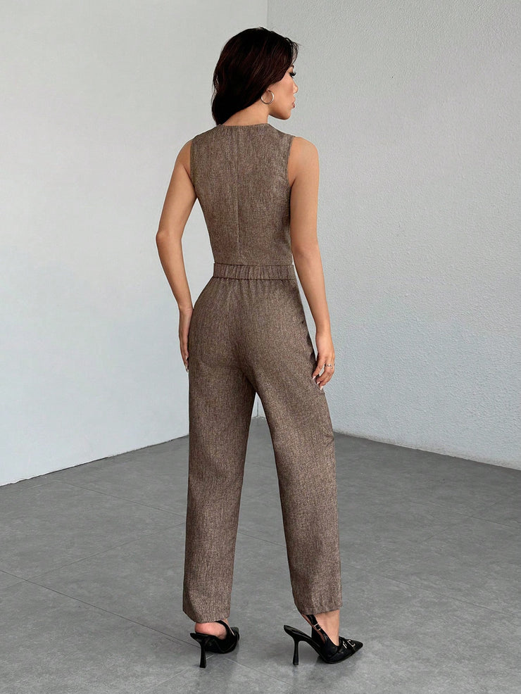 SHEIN PETITE Casual Sleeveless Open Front Vest And Relaxed Pants Set