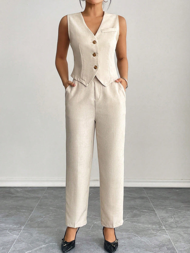 SHEIN PETITE Casual Sleeveless Open Front Vest And Relaxed Pants Set