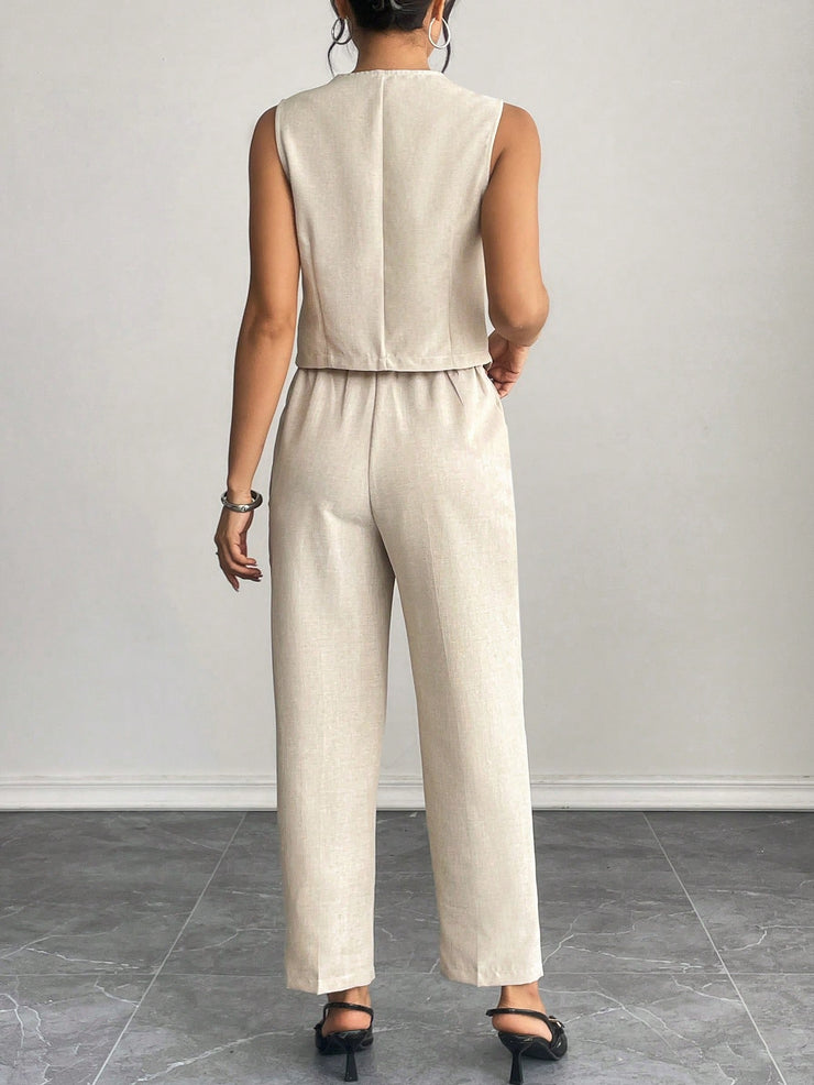 SHEIN PETITE Casual Sleeveless Open Front Vest And Relaxed Pants Set