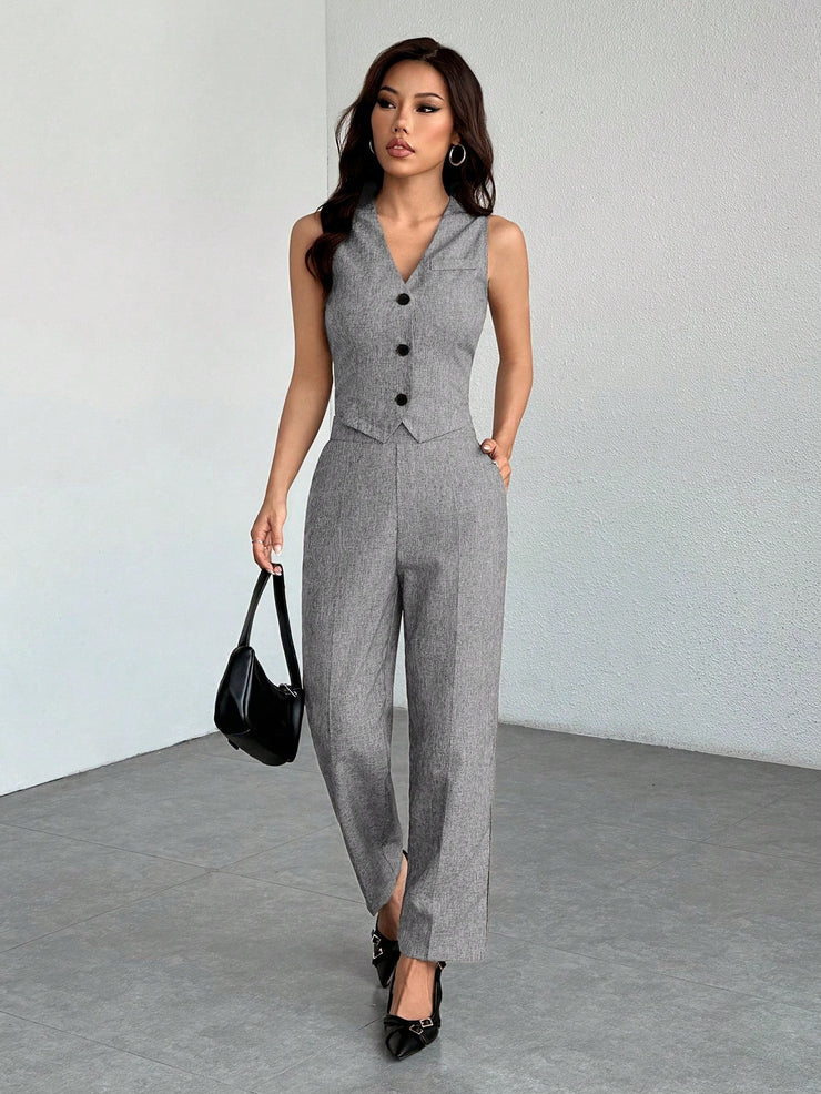 SHEIN PETITE Casual Sleeveless Open Front Vest And Relaxed Pants Set