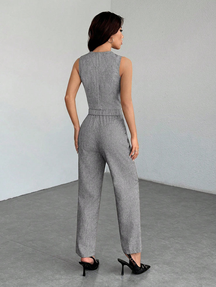 SHEIN PETITE Casual Sleeveless Open Front Vest And Relaxed Pants Set