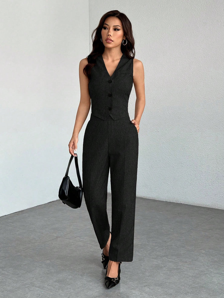 SHEIN PETITE Casual Sleeveless Open Front Vest And Relaxed Pants Set