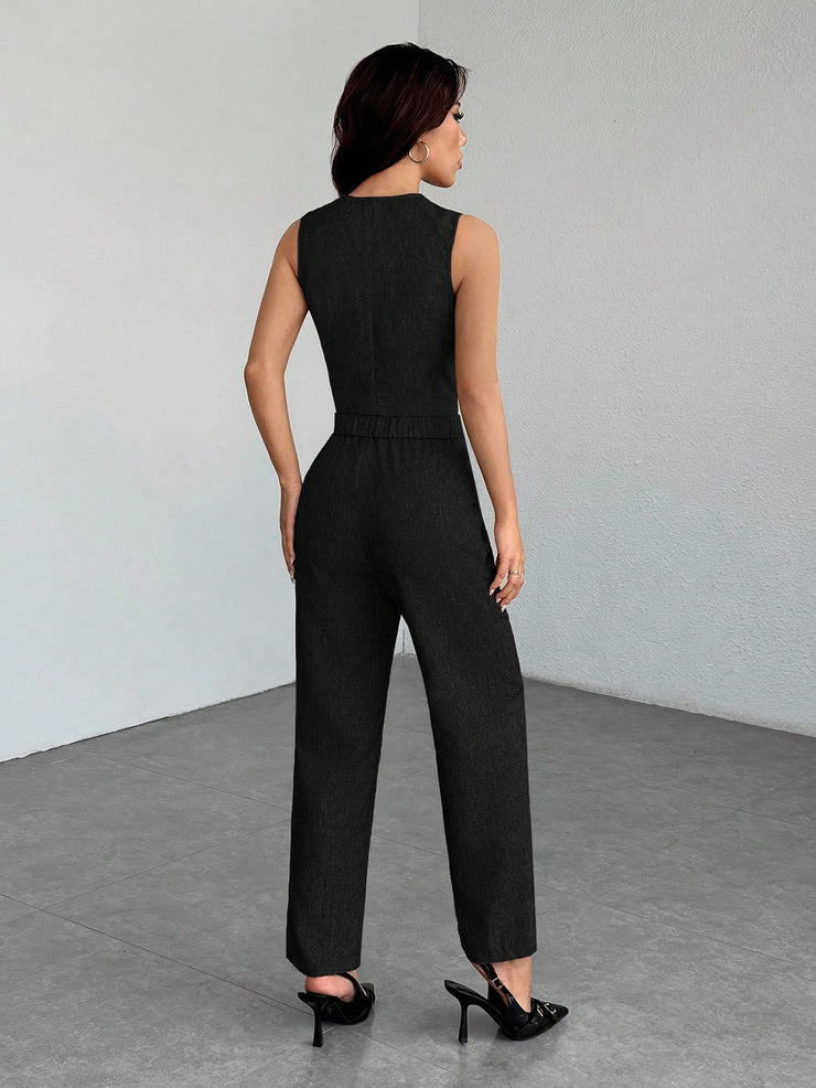 SHEIN PETITE Casual Sleeveless Open Front Vest And Relaxed Pants Set