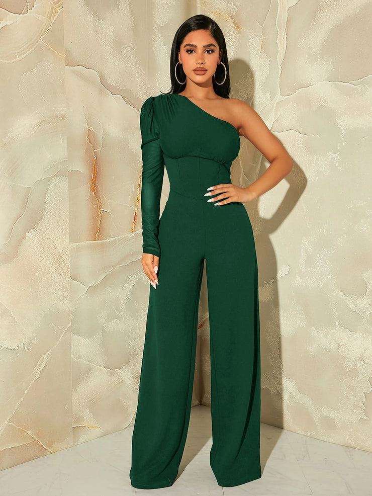 SHEIN SXY One Shoulder Contrast Mesh Puff Sleeve Wide Leg Jumpsuit